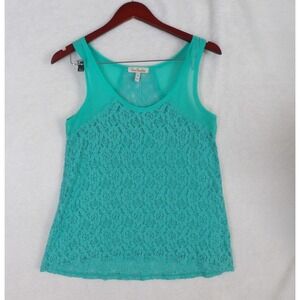 True Freedom Tank Top Womens Medium Teal Green Floral Lace Overlay Scoop Neck